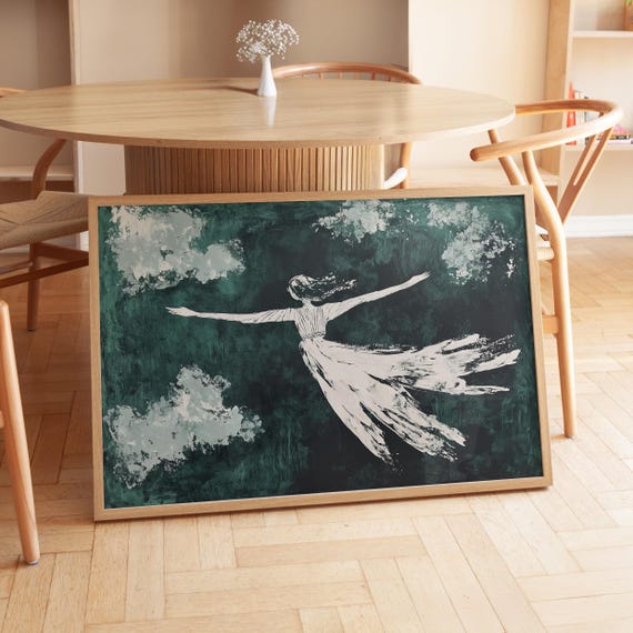 Abstract Flying Woman In The Sky Art Minimalist Dark Green Movement Print Dreamy Wall Decor Modern Home Artwork Ethereal Dance Art