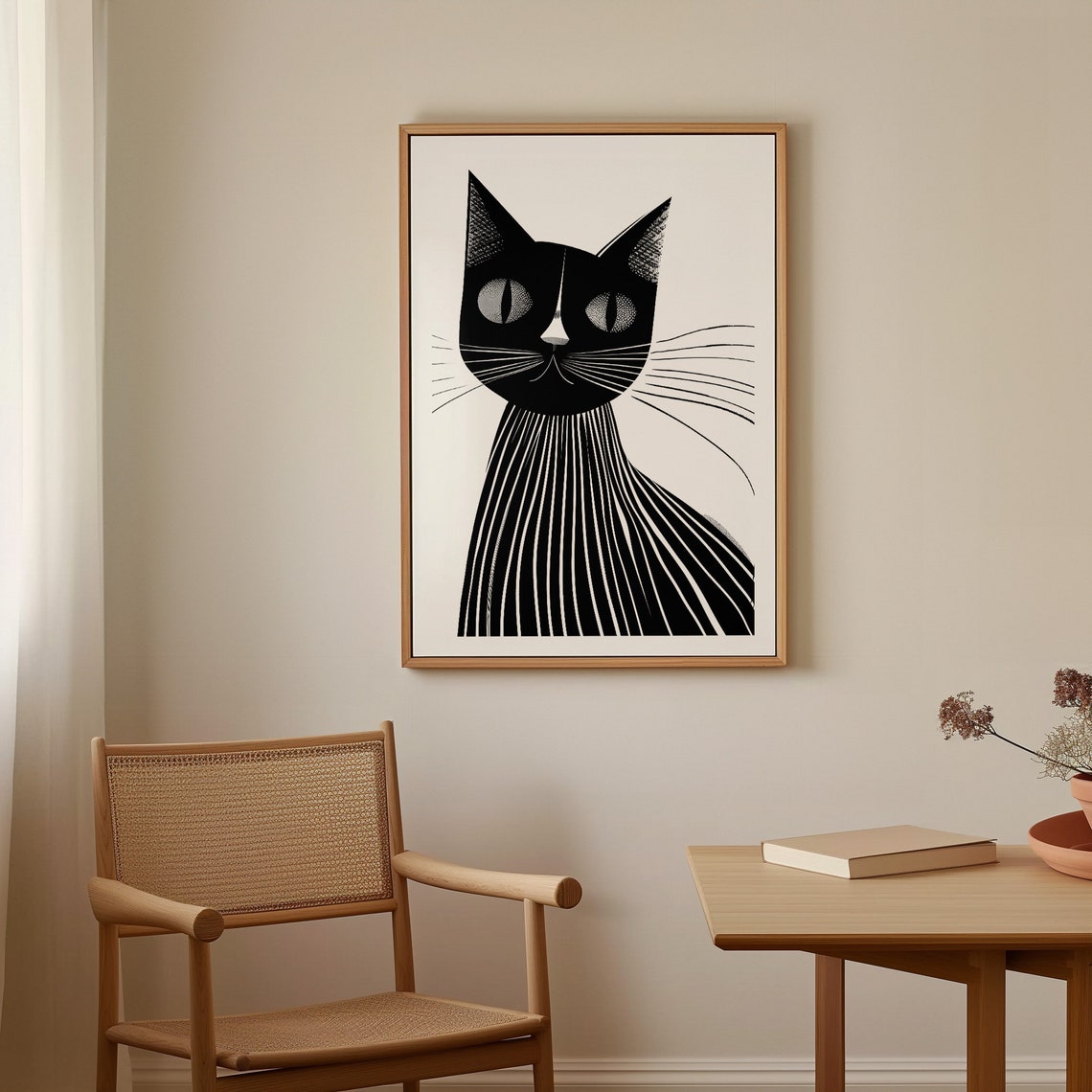 Mid Century Modern Black Cat with Striped Whiskers Illustration Poster - Image 2