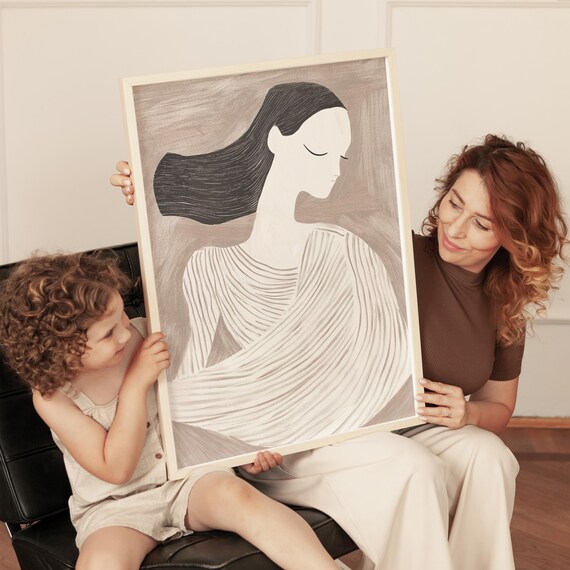 Elegant Woman Portrait In Flowing Lines Beige Minimalist Art Poster