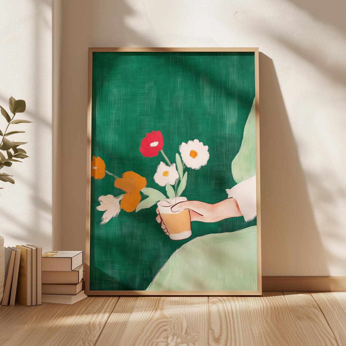 Minimalist Floral Hand Art Print, Bouquet In Cup