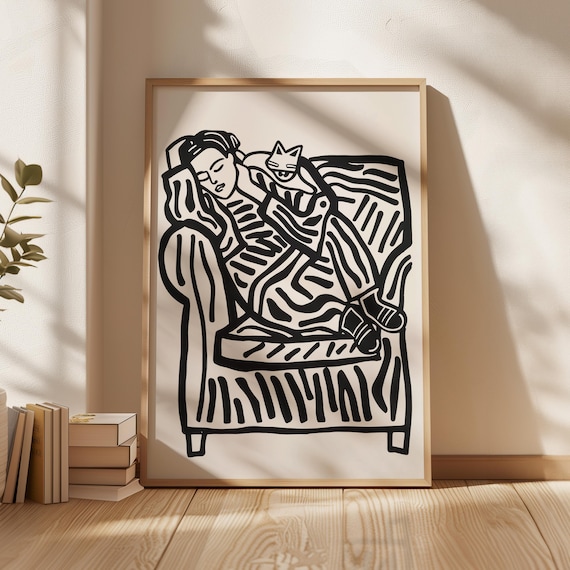 Woman Sleeping with Cat Line Drawing Cozy Black White Poster