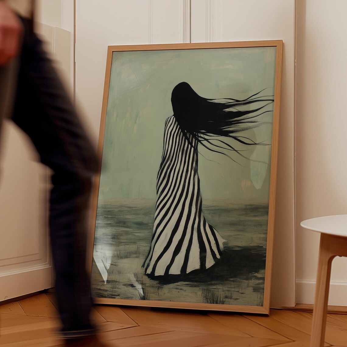 Windswept Hair Striped Dress Woman Back View Moody Green Poster - Image 4