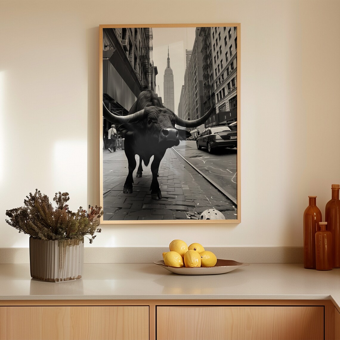 Black Bull On Wall Street Surreal Black And White Photography Poster - Image 3