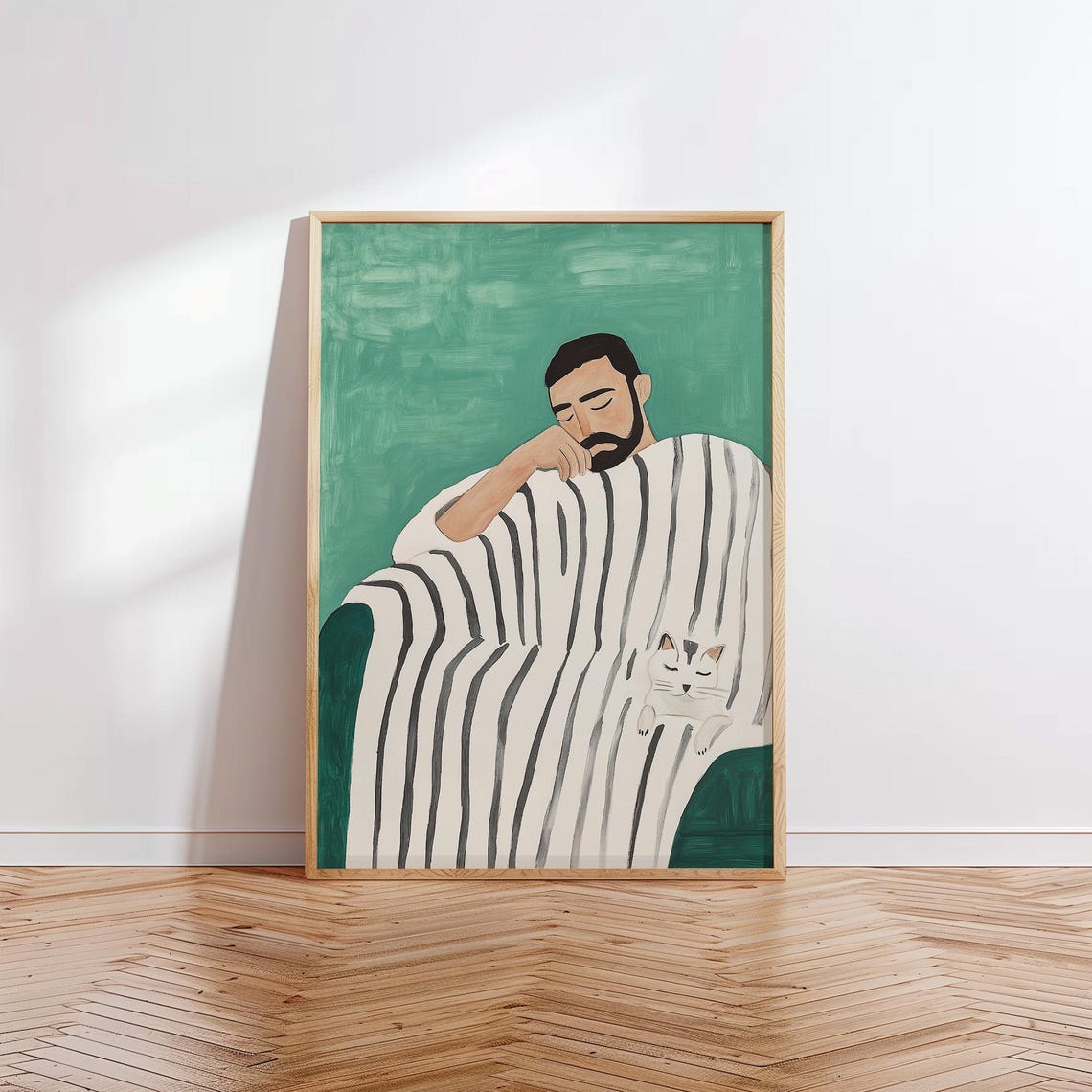 Sleeping Bearded Man With Little White Cat Cozy Green Nap Wall Art - Image 3