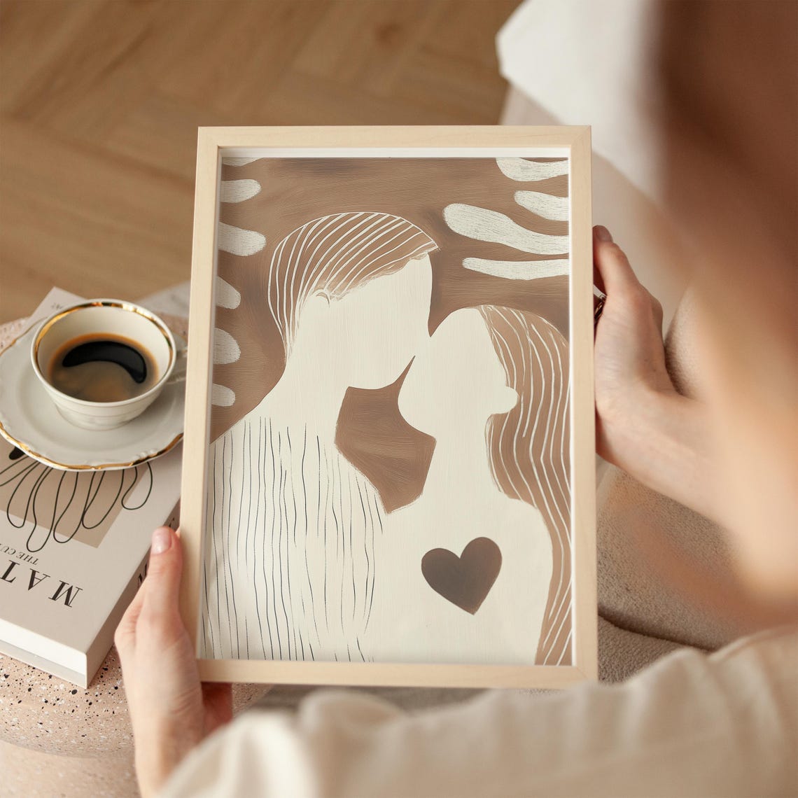 Abstract Couple With Heart Minimalist Beige Romantic Line Art Poster - Image 2