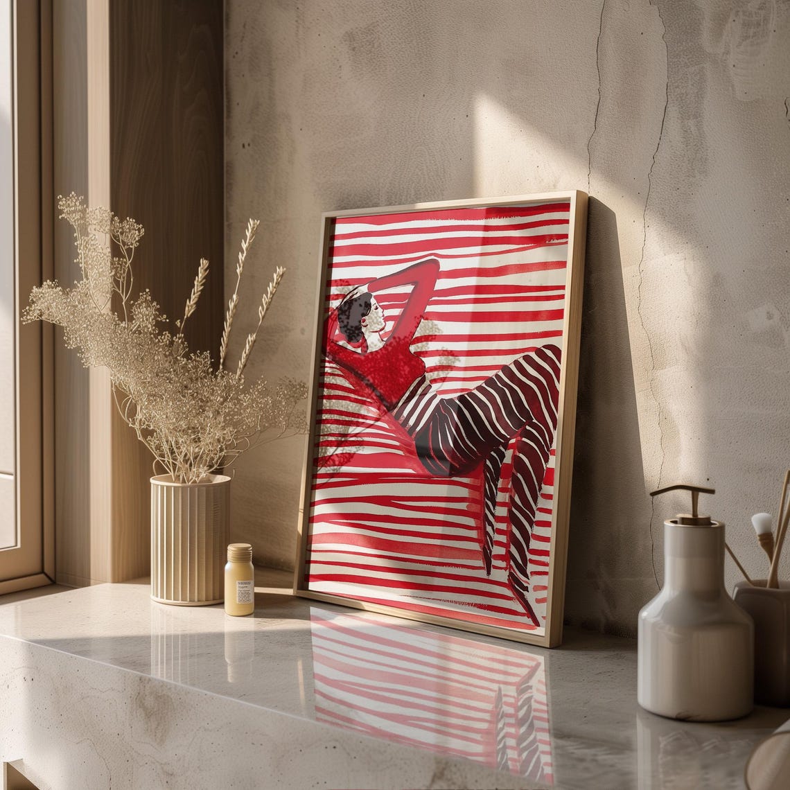 Red Striped Woman Lounging on Striped Bed Holiday Festive Poster - Image 3