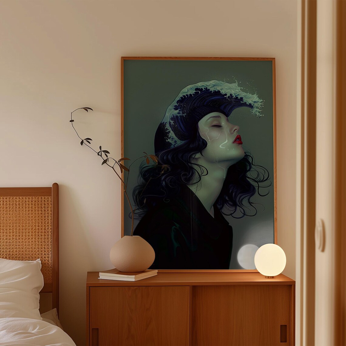 Surreal Woman Portrait With Crashing Ocean Wave In Dark Blue Poster - Image 3