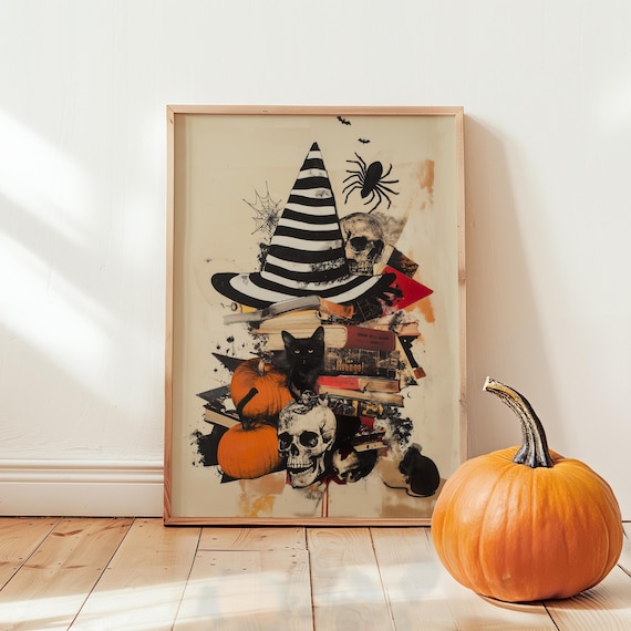 Striped Witch Hat Collage Black Cat Pumpkins and Books Halloween Poster