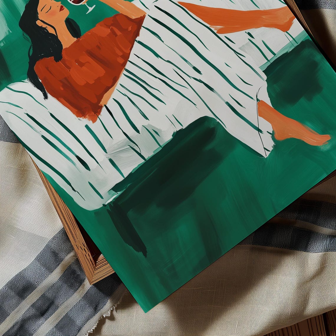 Woman Sipping Red Wine Striped Sofa Emerald Green Modern Art Poster - Image 3
