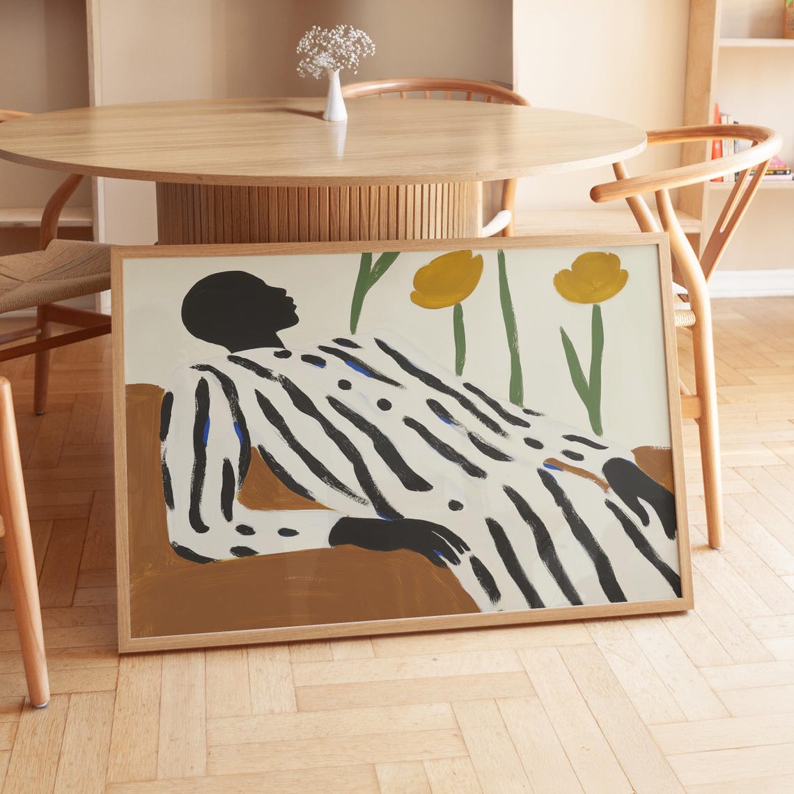Reclining Figure in Striped Dress with Yellow Tulips Behind Poster