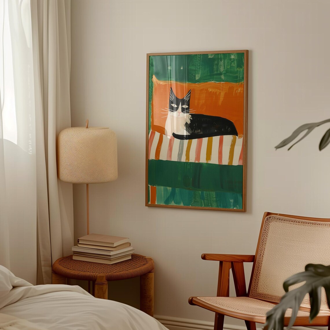 Black And White Cat Lounging Colorful Striped Blanket Bold Poster - Image 3