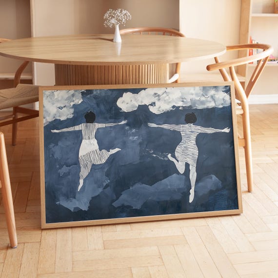 Minimalist Abstract Art Print Two Women Flying Dreamy Night Sky Cloudscape Contemporary Wall Decor Blue And White Silhouette Striped Art