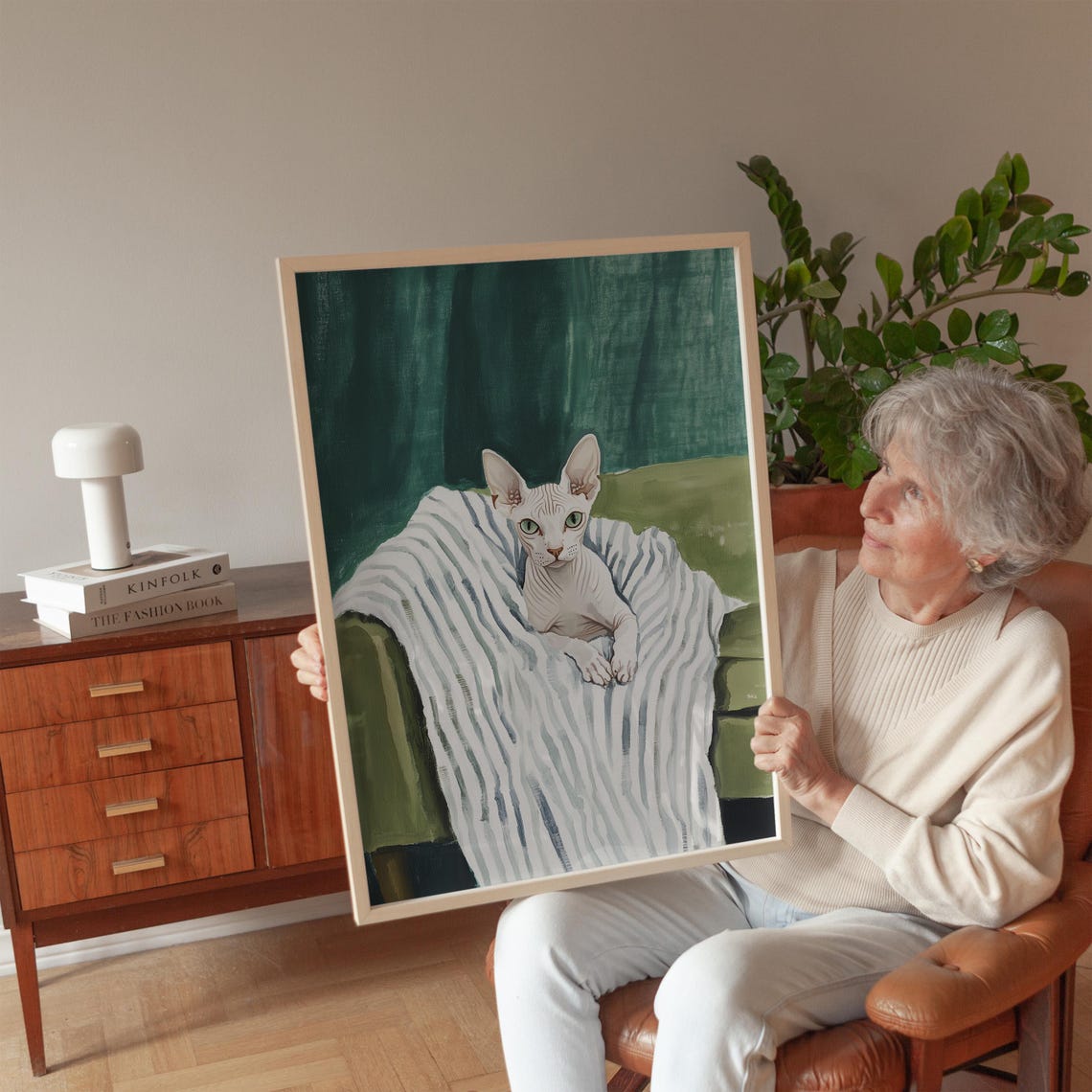 Sphynx Cat Oil Painting White Cat on Striped Blanket Green Art Poster - Image 3