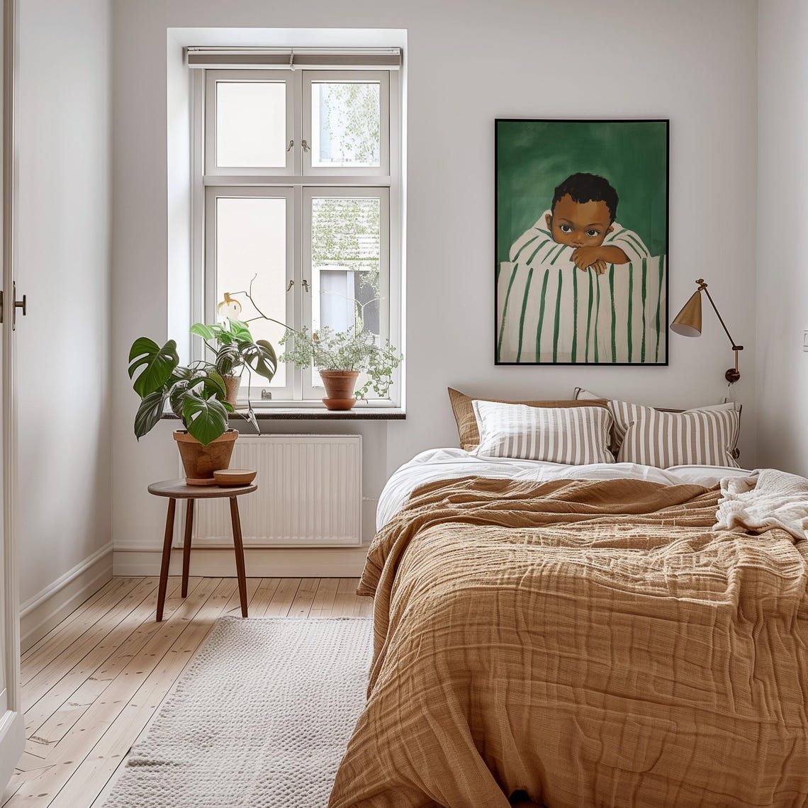 Young Boy Resting Chin On Arms Striped Bedding Nursery Wall Art - Image 3
