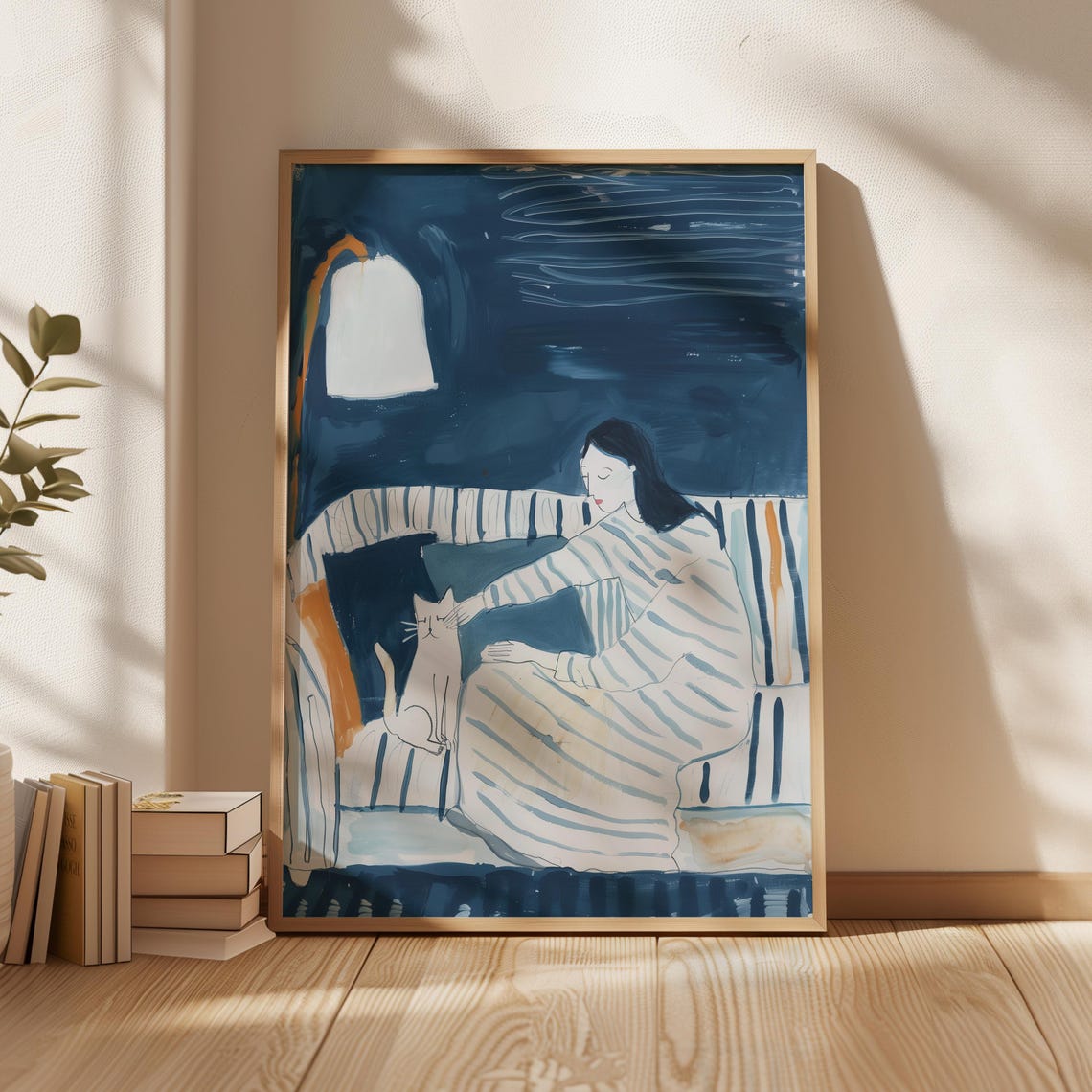 Woman Petting Cat on Striped Couch Cozy Blue Night Illustration Poster