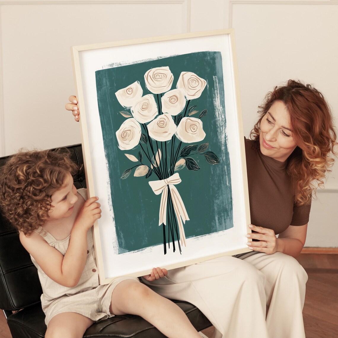 White Rose Bouquet with Ribbon Bow on Dark Teal Floral Poster