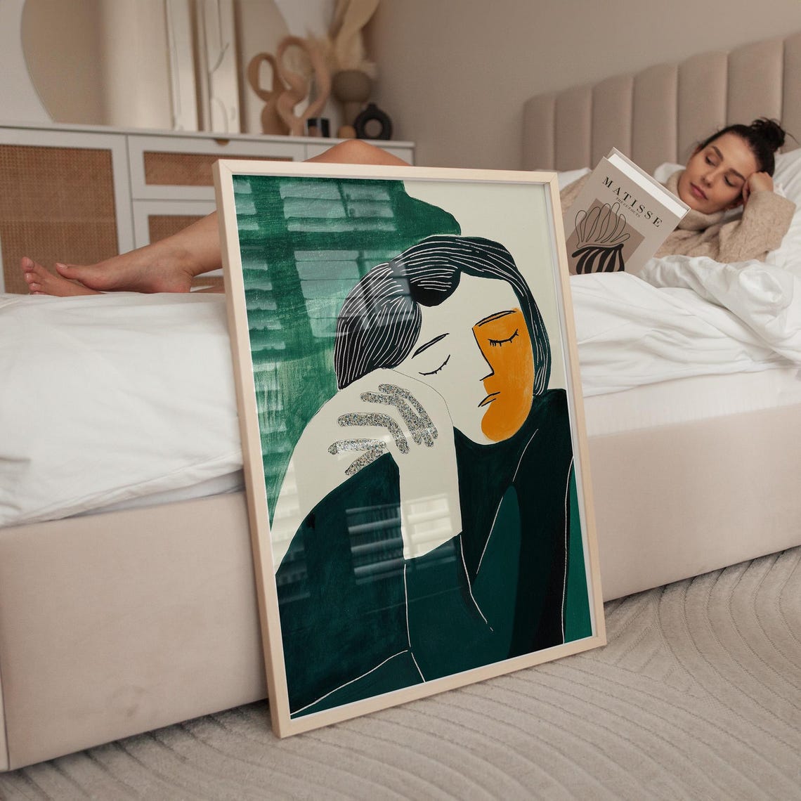 Split Face Contemplative Woman Portrait on Dark Green Poster