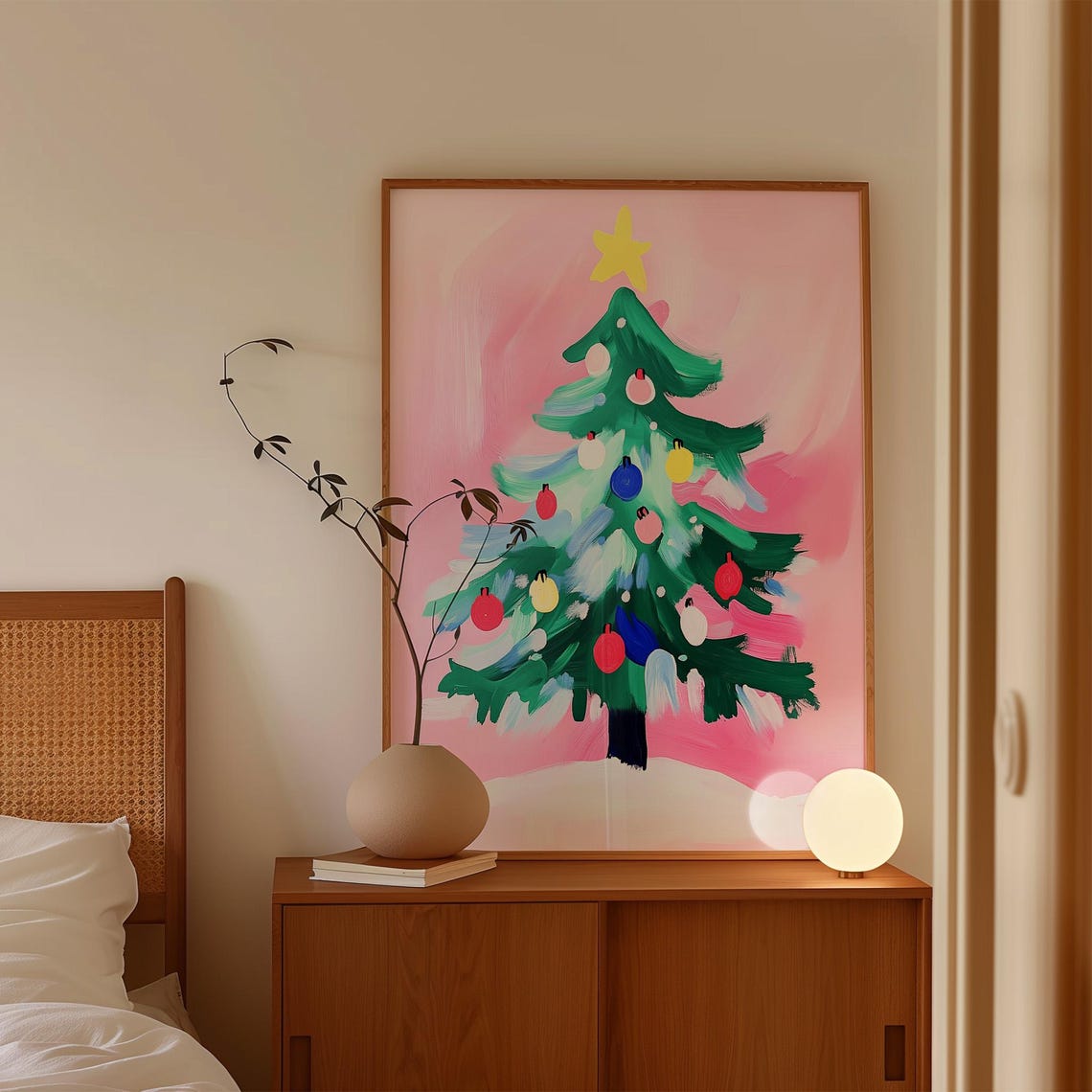 Painterly Christmas Tree With Colorful Ornaments on Pink Poster - Image 4