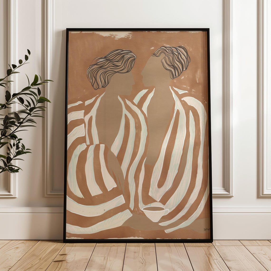 Abstract Two Women Line Art in Warm Neutral Tones Minimalist Poster