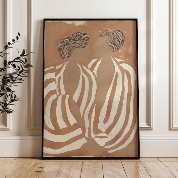 Abstract Two Women Line Art in Warm Neutral Tones Minimalist Poster