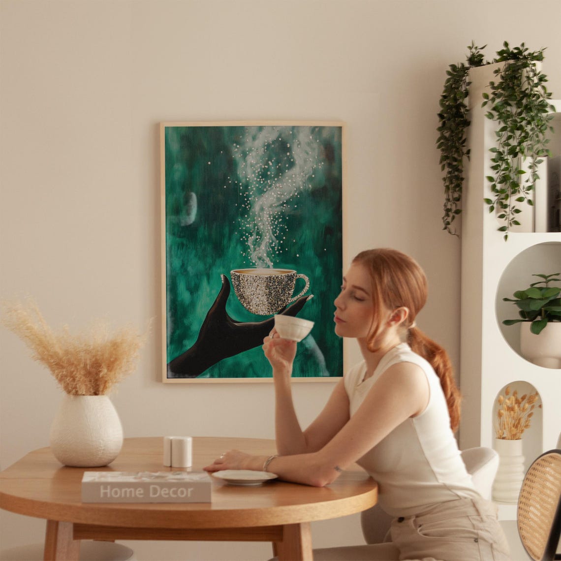 Glam Coffee Cup Wall Art Sparkling Mug Painting Abstract Hand And Steam Illustration Emerald Green Kitchen Decor Cozy Drink Print