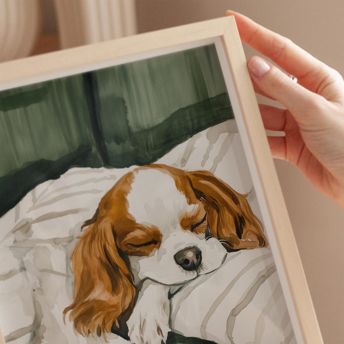 Sleeping Cavalier King Charles Spaniel Puppy On Striped Bedding Print - Image 3