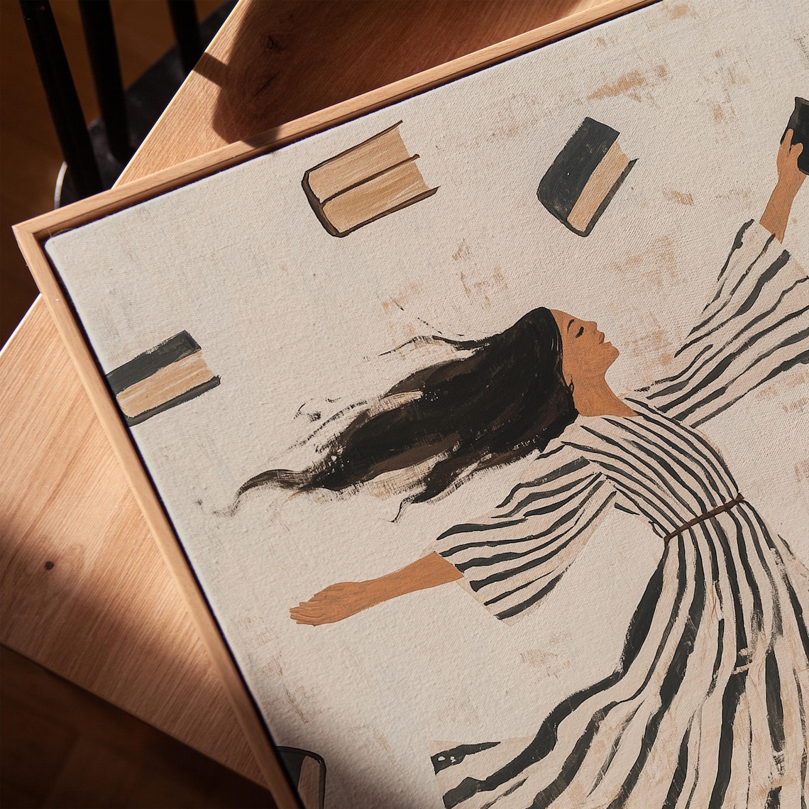 Floating Woman Striped Dress Surrounded By Books Whimsical Reader Poster - Image 3