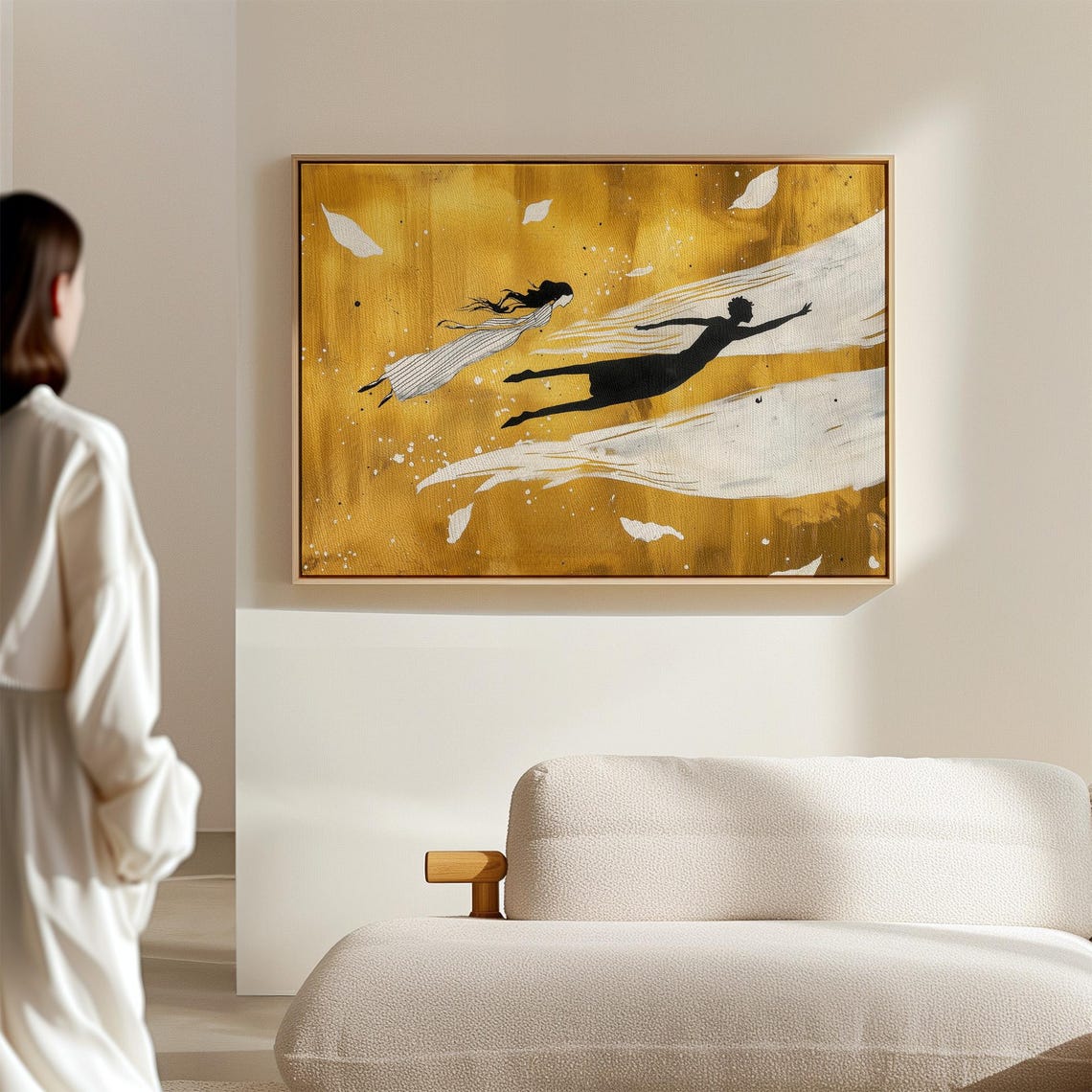 Two Floating Figures In Golden Dreamscape Surreal Abstract Wall Art - Image 2