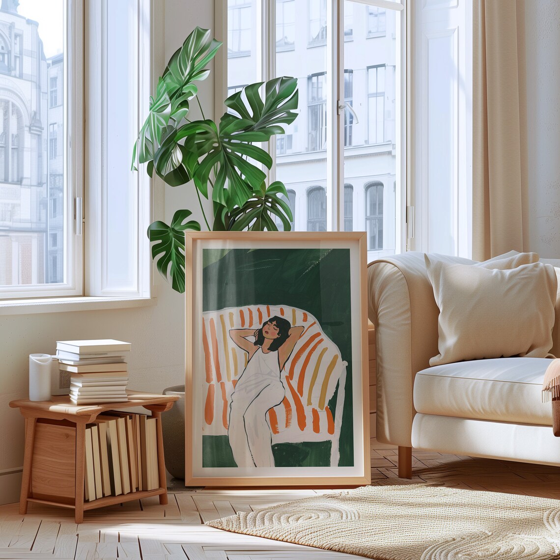 Woman Lounging White Dress Striped Chair Emerald Green Figure Art Poster - Image 2
