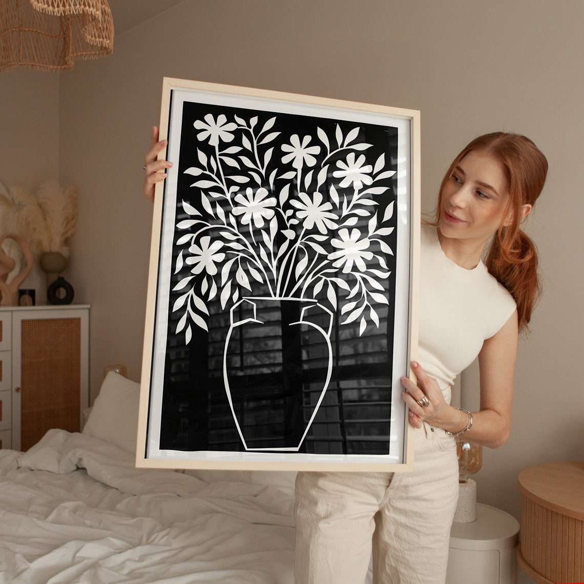White Flower Vase Silhouette On Black Background Minimalist Wall Art - Image 4