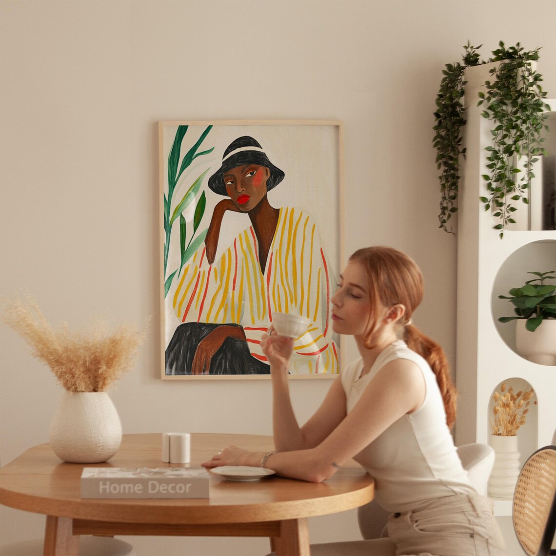 Woman in Black Hat and Striped Blouse Botanical Fashion Poster - Image 3