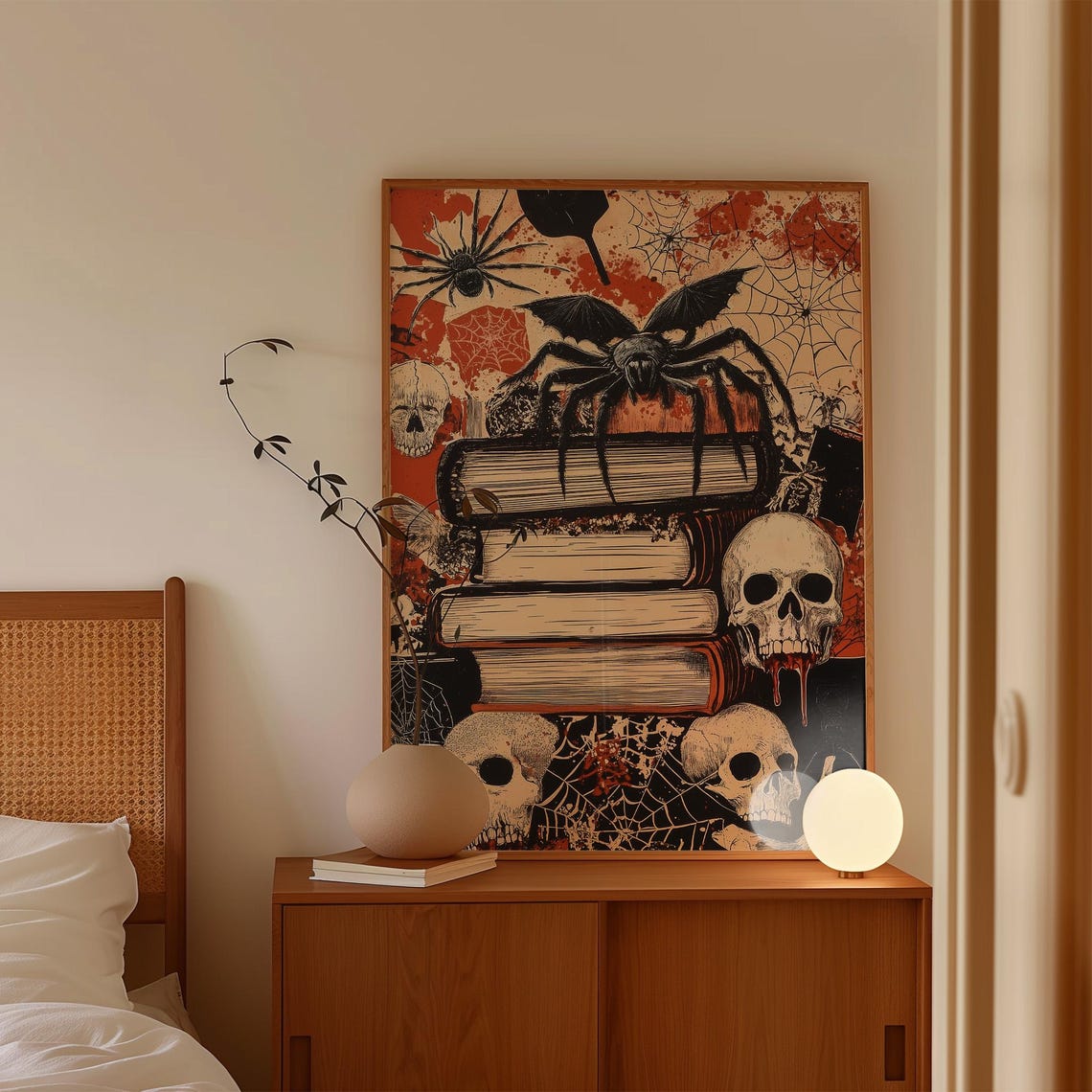 Giant Spider on Stacked Books Skulls and Webs Halloween Horror Poster - Image 4