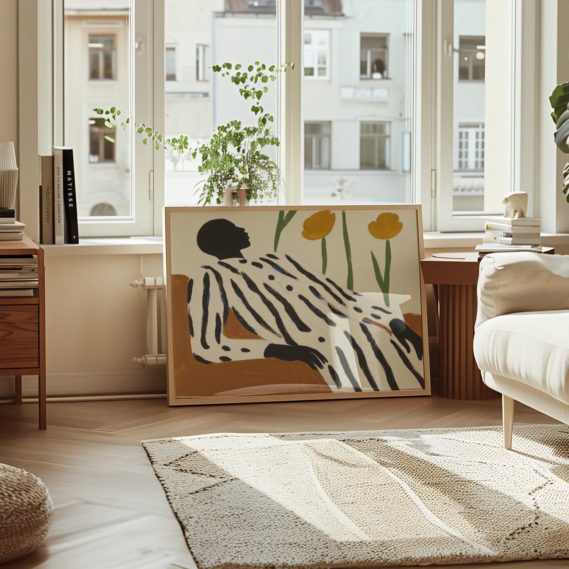 Reclining Figure in Striped Dress with Yellow Tulips Behind Poster - Image 4