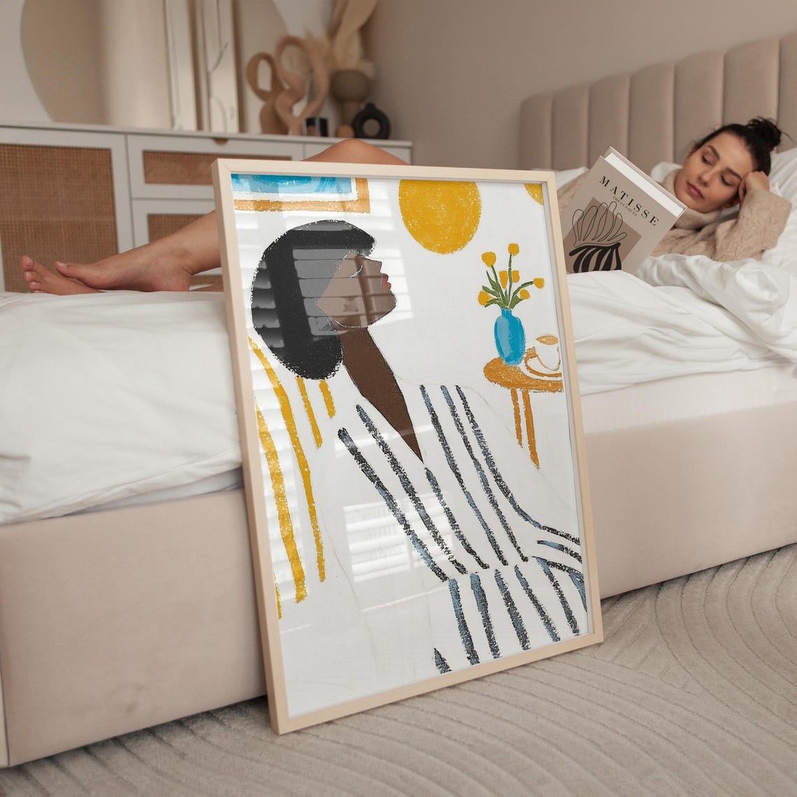 Woman Profile In Striped Robe With Golden Sun And Flowers Poster - Image 5
