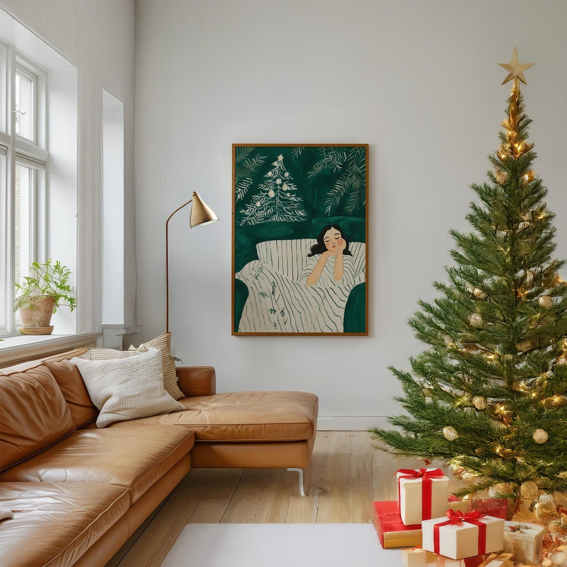 Woman Resting on a Couch Under a White Christmas Tree Poster - Image 2