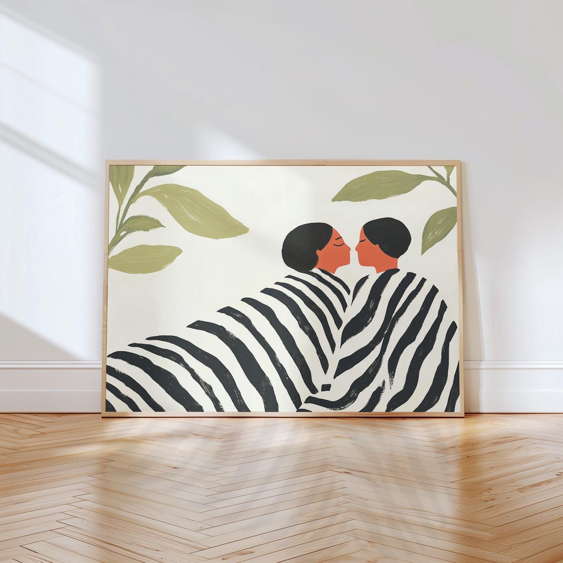 Romantic Couple in Striped Robes Forehead Touch Botanical Poster