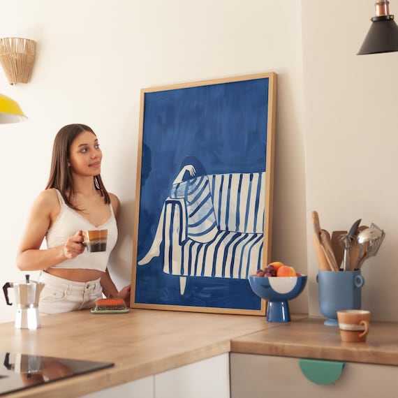 Minimalist Woman On Striped Sofa Blue White Abstract Art Print