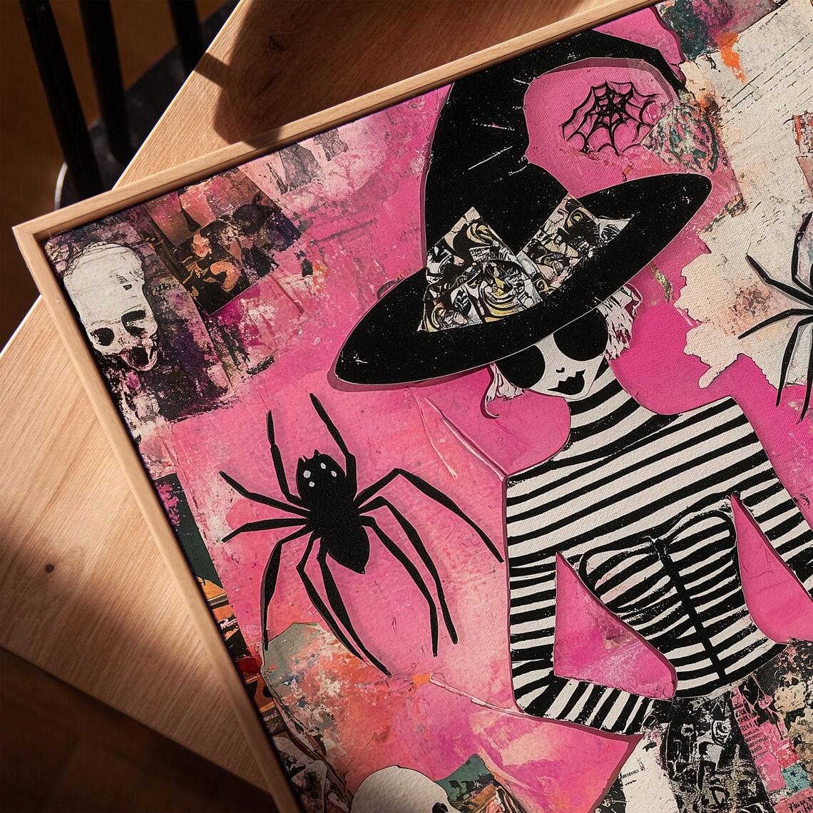 Pink Halloween Witch Collage Spiders Skulls and Pumpkin Spooky Art Poster - Image 2