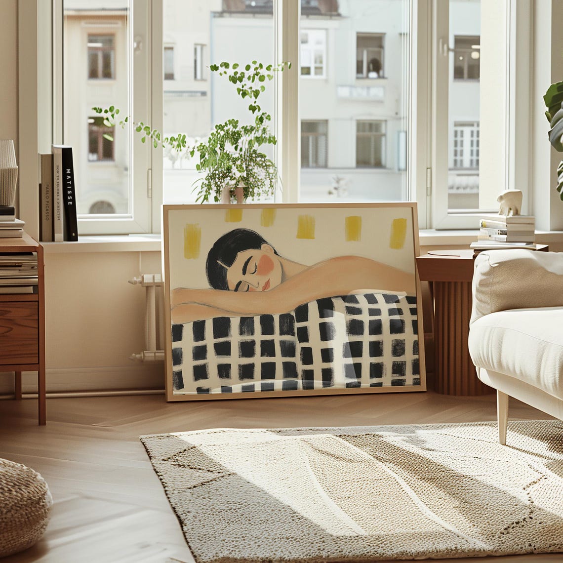 Sleeping Woman Under Black White Checkered Blanket Cozy Poster - Image 5