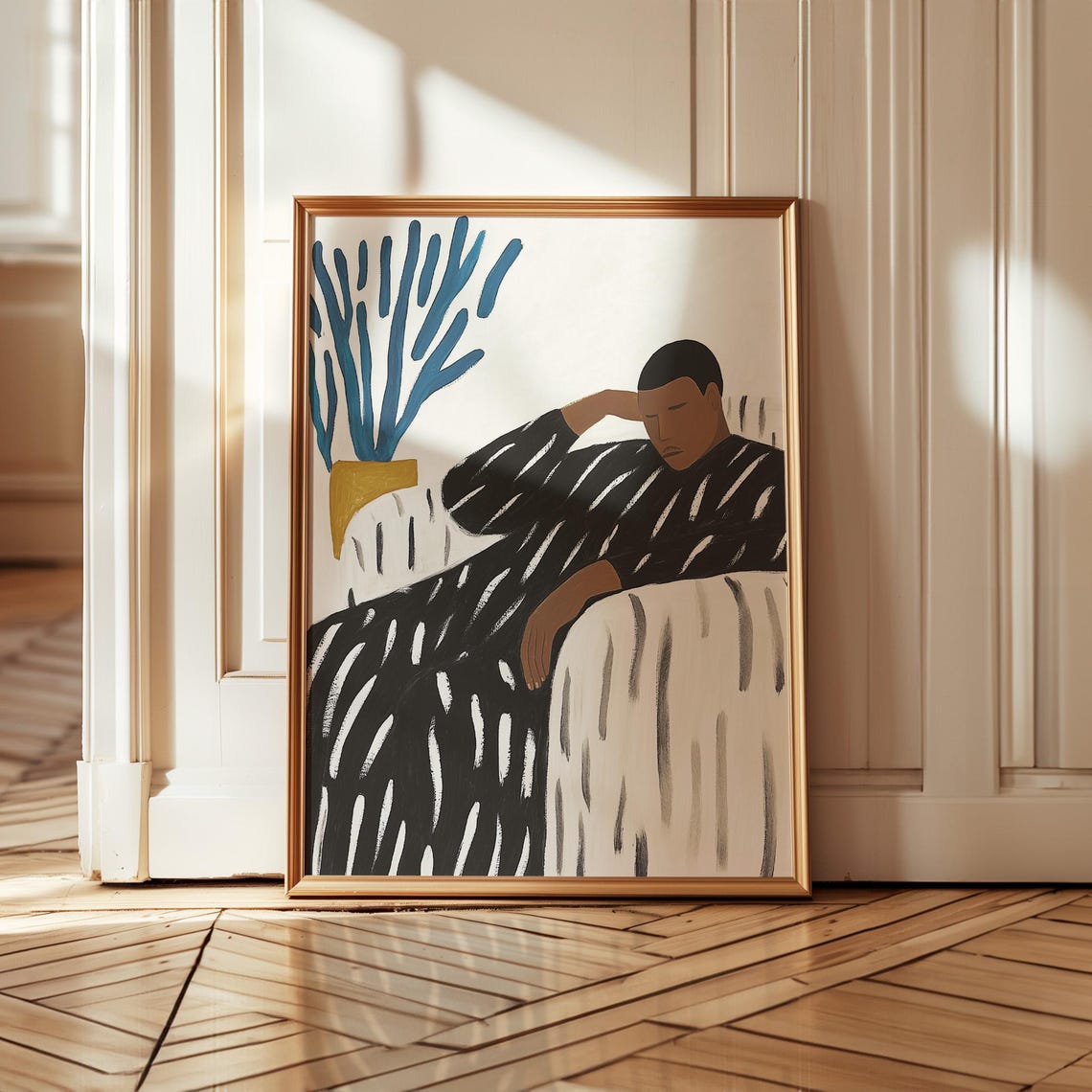 Reclining Figure in Chair With Blue Plant Minimalist Figure Poster