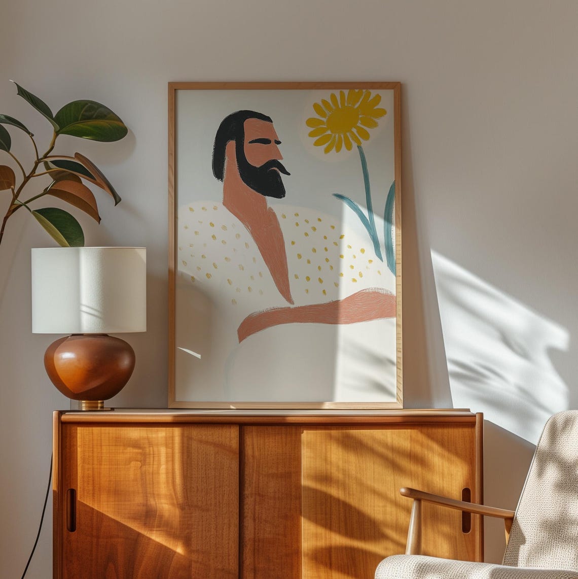 Bearded Man Profile With Yellow Sunflower And Dotted Robe Art Poster - Image 3