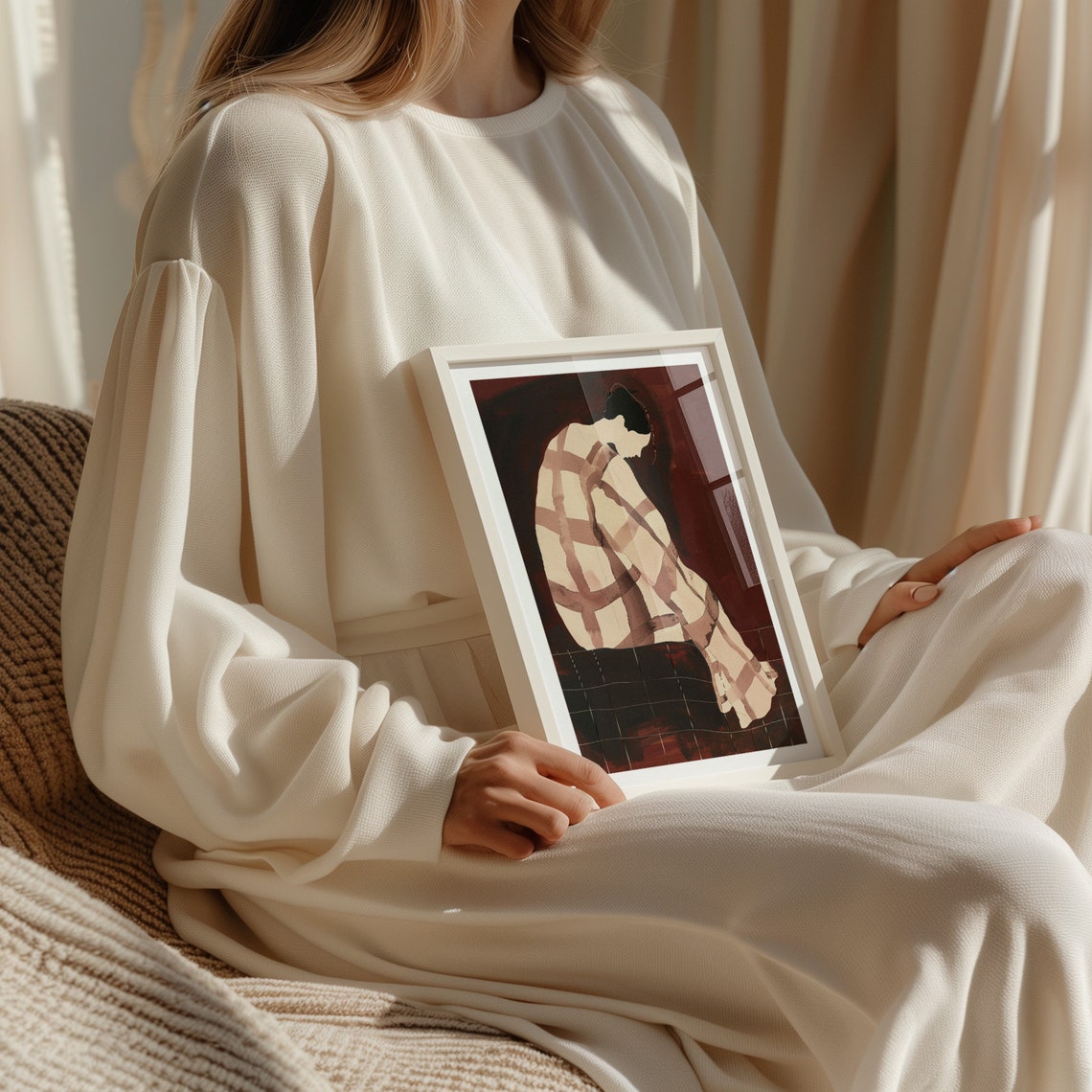 Woman Wrapped In Plaid Blanket Warm Tones Abstract Figurative Poster - Image 4