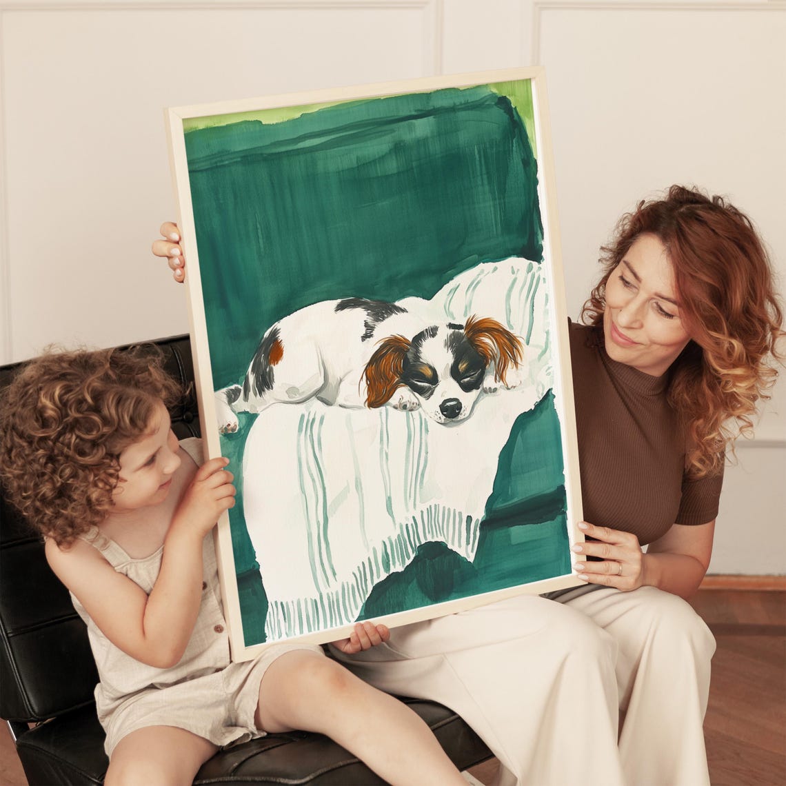 Sleeping Cavalier King Charles Puppy On Cozy Green Couch Print