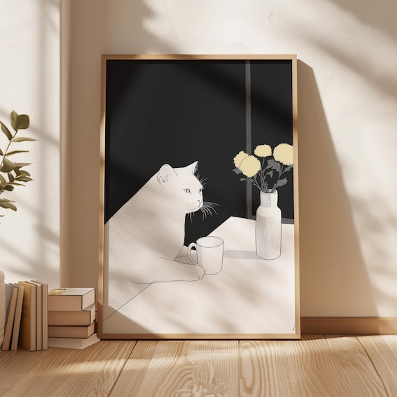 Minimalist White Cat Illustration Coffee Cup Dark Cozy Kitchen Art Poster