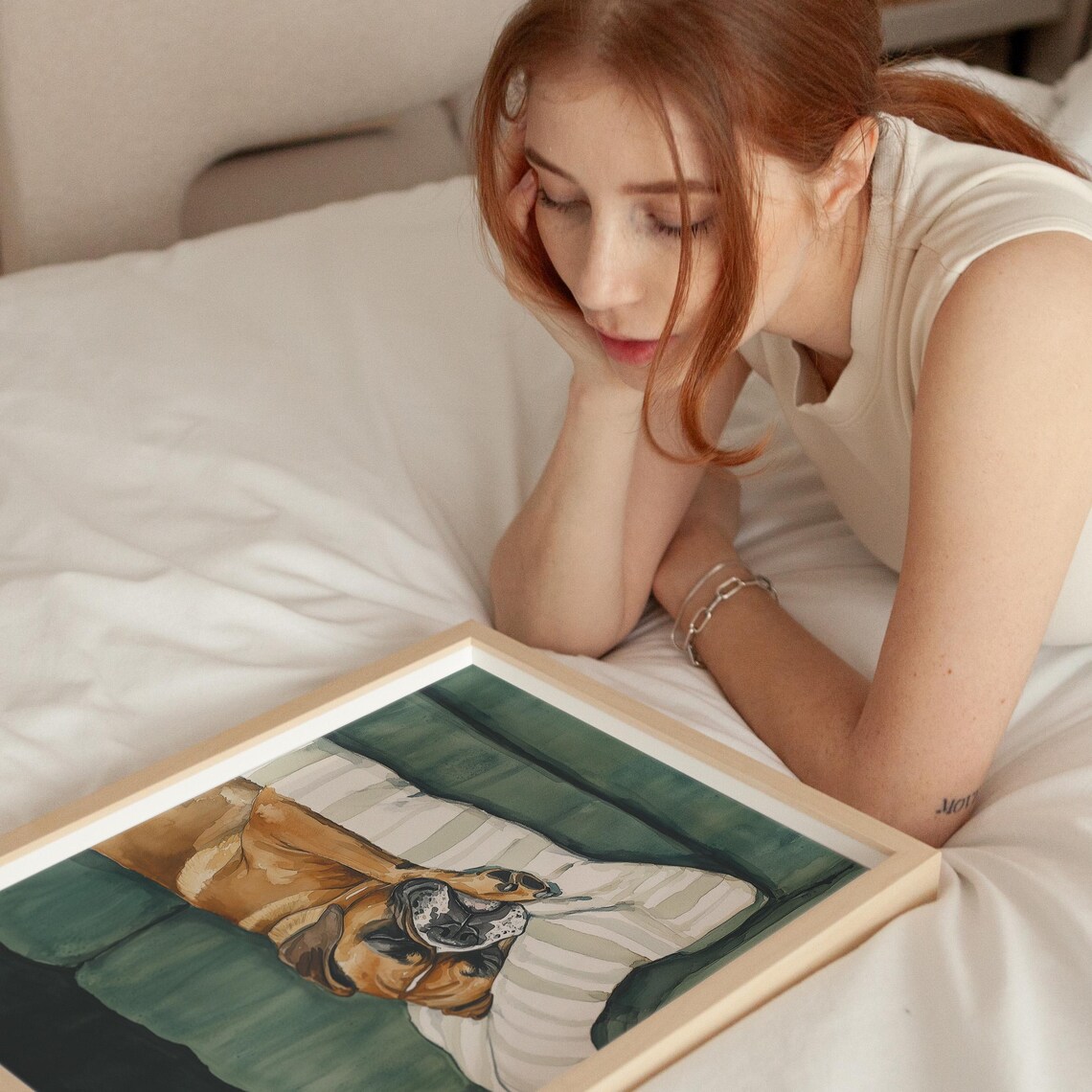 Boxer Dog Sleeping On Striped Pillow Green Couch Watercolor Poster - Image 2