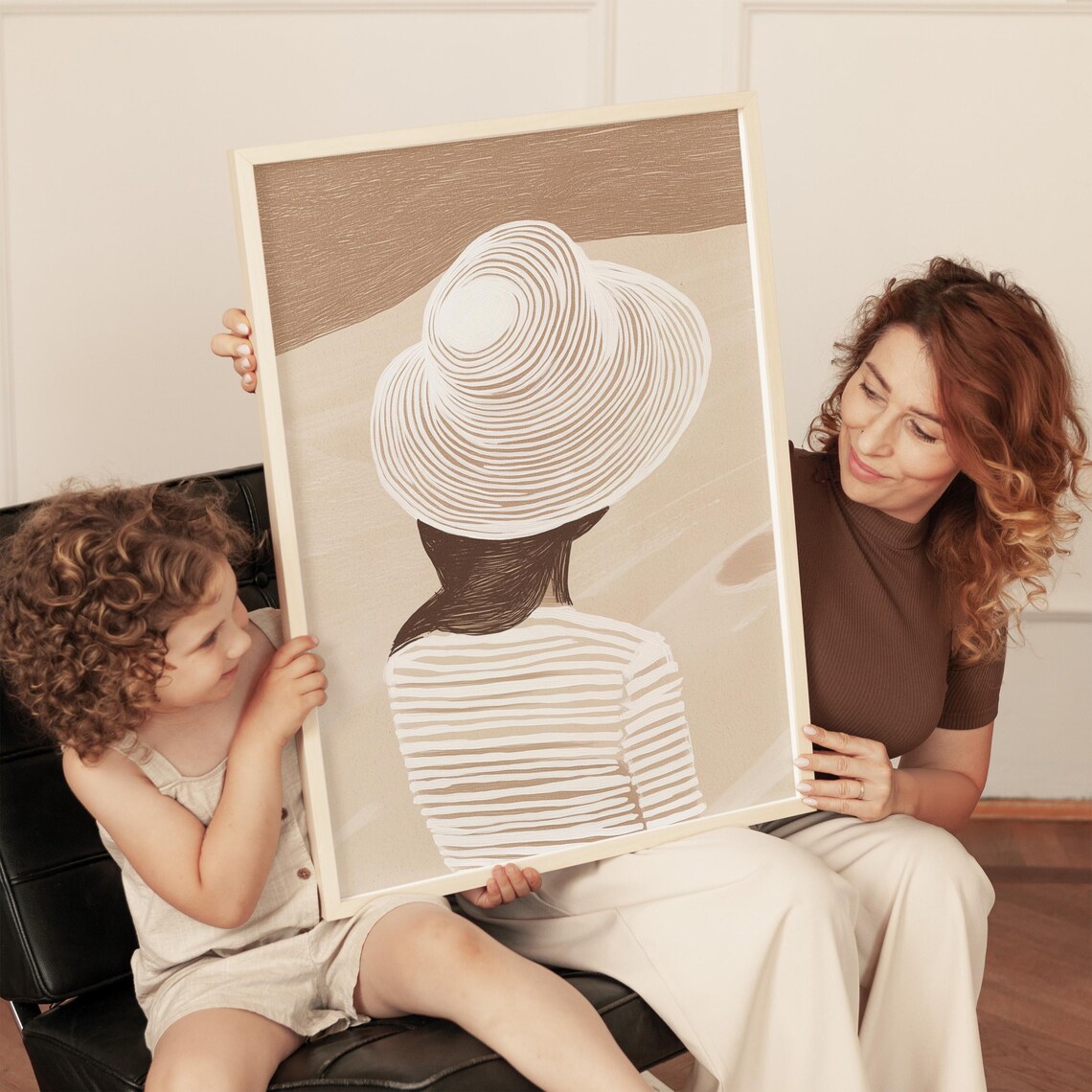 Woman Sun Hat Striped Top Back View Minimalist Line Illustration Poster - Image 2