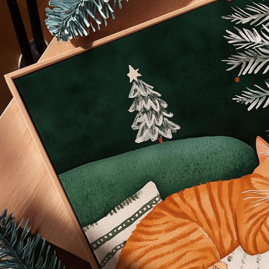 Sleeping Orange Tabby Cat on Green Armchair Christmas Poster - Image 3
