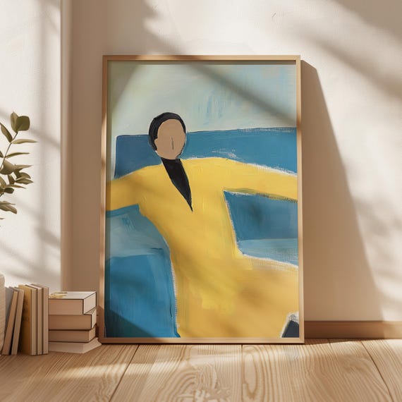 Abstract Modern Portrait Art Bold Minimalist Illustration Yellow And Blue Wall Decor Contemporary Figurative Artwork Faceless Figure Print