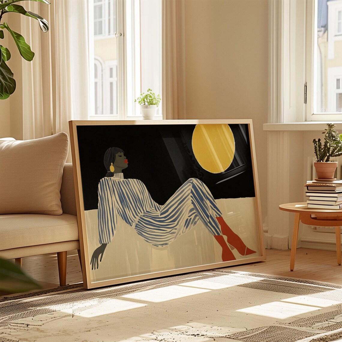 Woman in Striped Jumpsuit Reclining Under a Yellow Moon Poster - Image 2