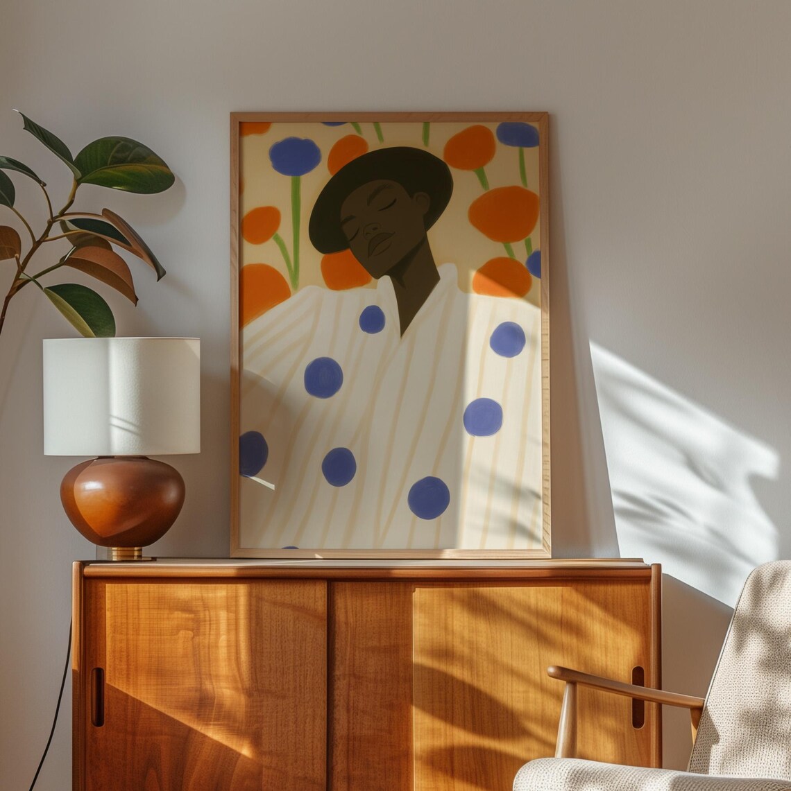 Figure In Blue Polka Dot Shirt Among Orange And Blue Blooms Poster - Image 4